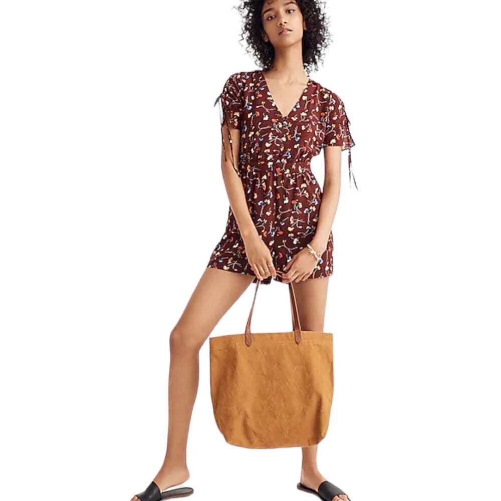 Madewell Womens 00 Burgundy Floral Romper Tie Sleeve V Neck Shorts J3503 NWT